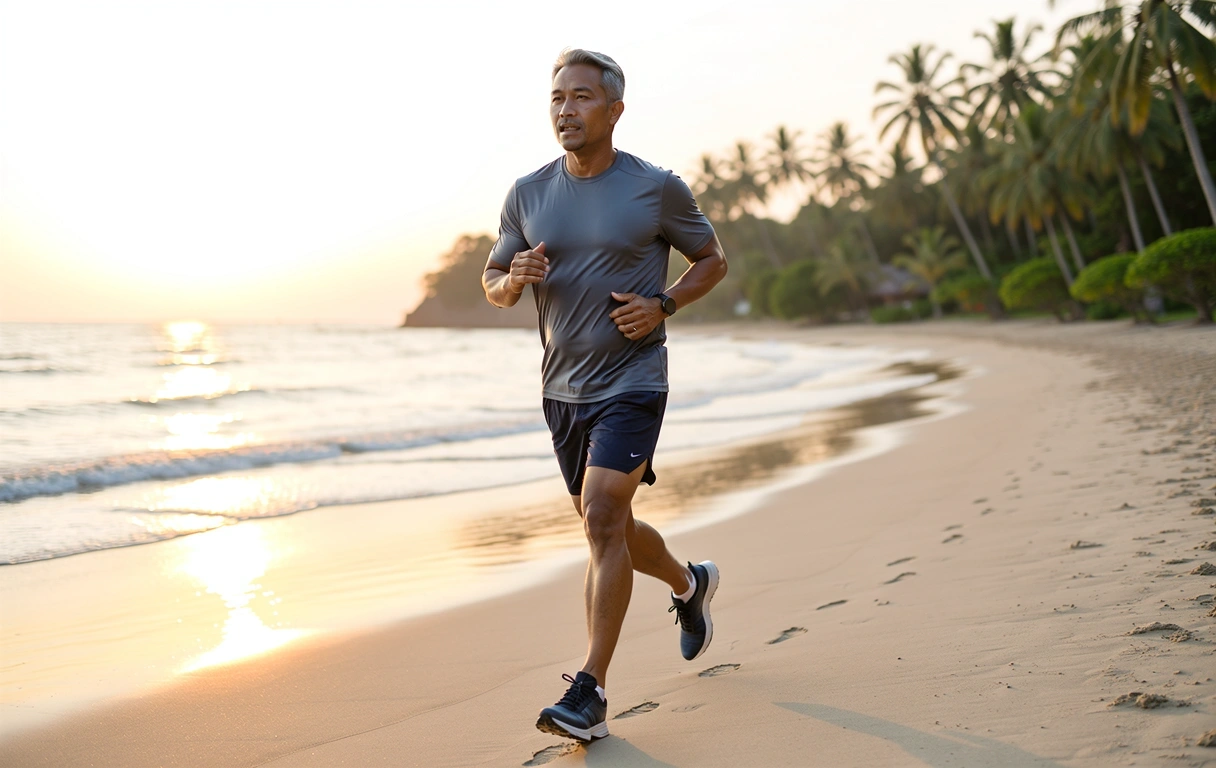 Man jogging on a beach representing active vitality